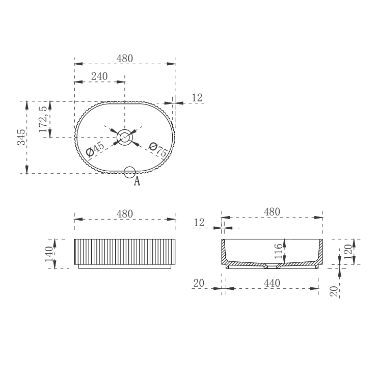Stadio Groove Fluted Oval Basin