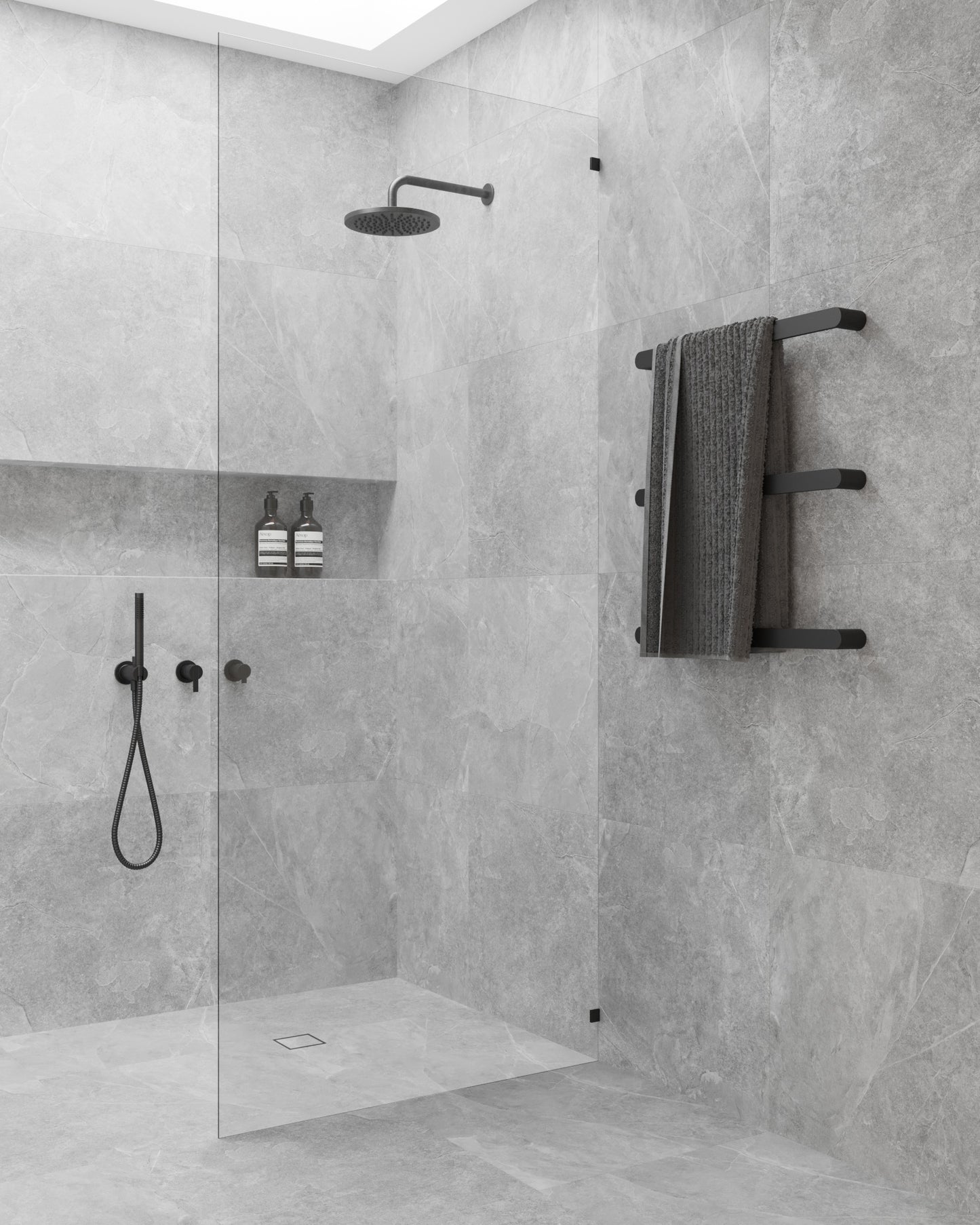 DSP6B Matt Black Flat Pill Single Bar Heated Towel Rail W632xH40xD70mm