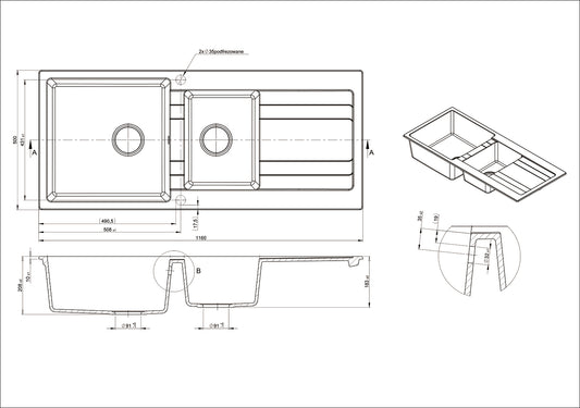 Modern National - Ria One & Half Bowl Granite Sink with Drainer Black