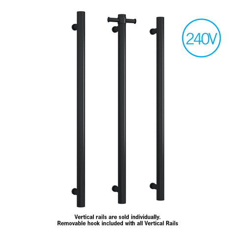 Thermogroup - Matte Black Round 240Volt Vertical Single Heated Rail W142xH900xD100mm