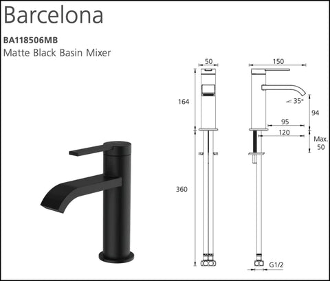 Oliveri BA118506MB - Oliveri - Barcelona Matte Black Basin Mixer