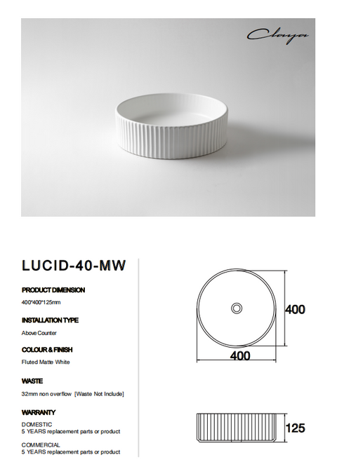 Claya - Lucid 40 Matte White Round Fluted Basin, 400mm