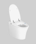 Lafeme Neovanta smart toilet beside a freestanding bath in a minimalist bathroom