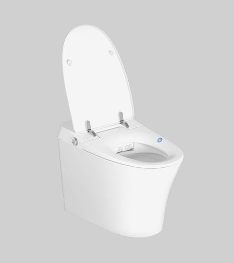 Lafeme Neovanta smart toilet beside a freestanding bath in a minimalist bathroom