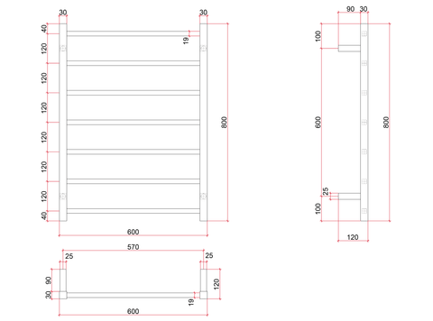 Thermogroup - 240V Square Ladder Heated Towel Rail W600xH800xD120mm