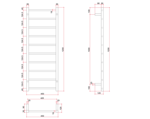 Thermogroup - 240V Square Ladder Heated Towel Rail W450xH1200xD120mm