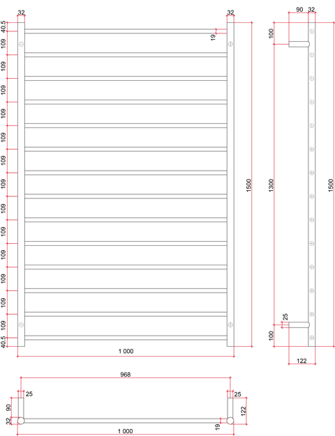Thermogroup - 240V Round Ladder Heated Towel Rail W1000xH1500xD122mm