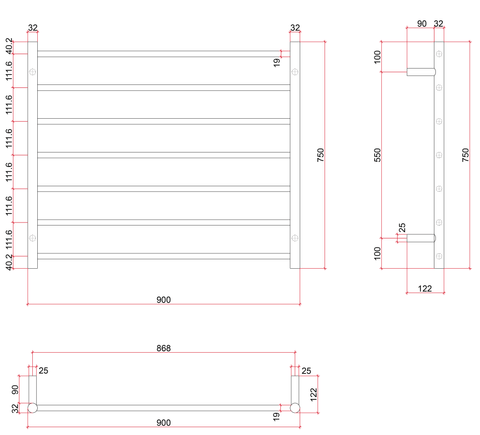 Thermogroup - 240V Round Ladder Heated Towel Rail W900xH750xD122mm
