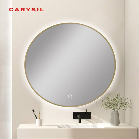Carysil Round 3 Color Lighting Gold Framed LED Mirror Touch Sensor Switch Defogger Pad 750mm