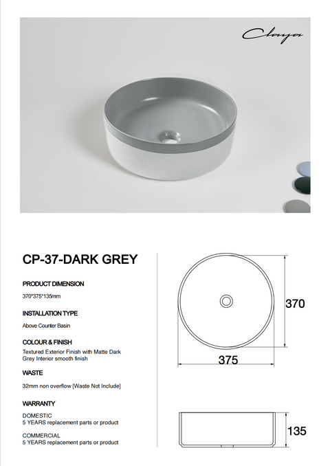 Claya - Colour Plus-37 Round Basin, Matte Grey / Matte White
