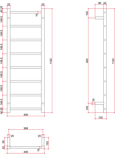 Thermogroup - 240V Round Ladder Heated Towel Rail W400xH1120xD122mm