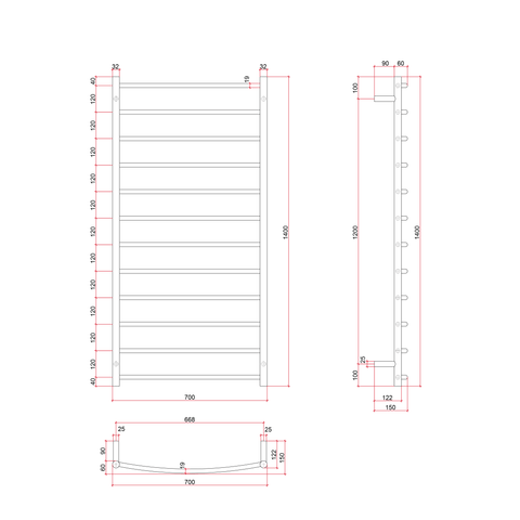 Thermogroup - 240V Curved Round Ladder Heated Towel Rail W700xH1400xD150mm
