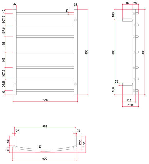 Thermogroup - 240V Curved Round Ladder Heated Towel Rail W600xH800xD150mm