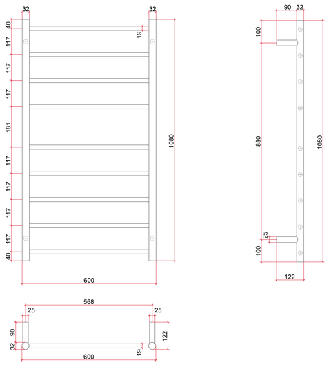 Thermogroup - 240V Round Ladder Heated Towel Rail W600xH1080xD122mm