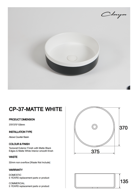 Claya - Colour Plus-37 Round Basin, Matte Black / Matte White