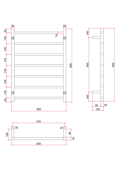 Thermogroup - 12V Square Ladder Heated Towel Rail W600xH800xD120mm