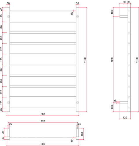 Thermogroup - 240V Square Ladder Heated Towel Rail W800xH1160xD120mm