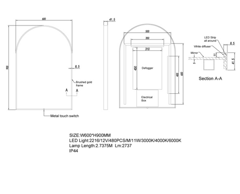 Aqua Perla - Matte Black Framed LED Mirror 600x900mm
