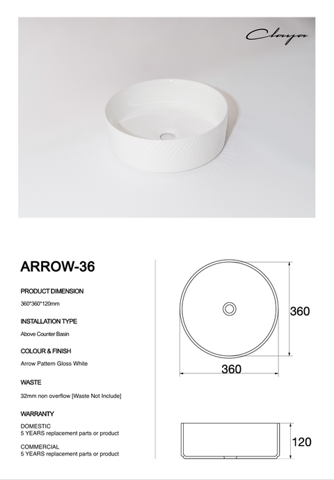 Claya - Arrow 36 Textured Round Basin, Gloss White