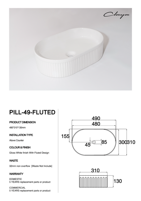 Claya - Pill 49 Fluted Pill-Shaped Basin, Gloss White