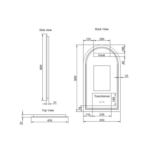 Aqua Perla - Brushed Copper Framed Arch LED Mirror 450*800mm