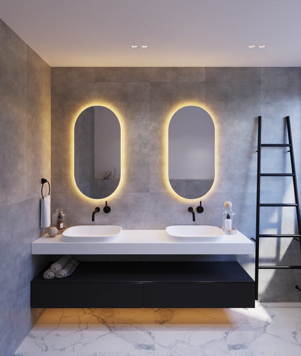 Backlit Pill Shape Mirror with Warm Light 500x1000x45mm 61Watts - Includes Mirror Demister
