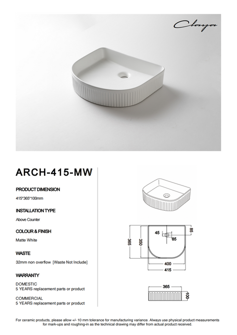Claya - Arch-415-MW Arch Shaped Basin, Matte White