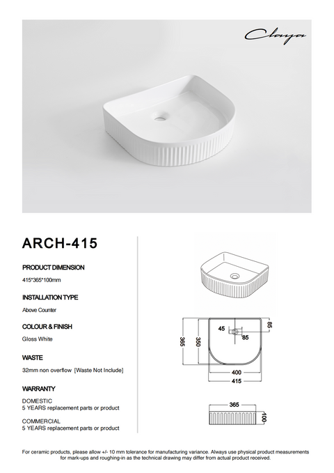 Claya - Arch-415 Arch Shaped Basin, Gloss White