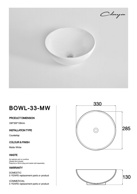 Claya - Bowl-33-MW Bowl Shaped Basin, Matte White