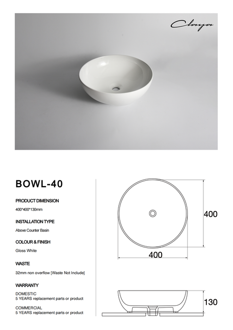 Claya - Bowl-40 Bowl Shaped Basin, Gloss White