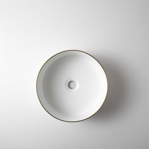 Claya - Brighton 36 Matte White Round Basin, Hand-Painted Gold Rim
