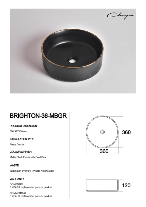 Claya - Brighton 36 Matte Black Round Basin, Hand-Painted Gold Rim