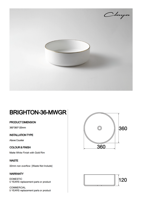 Claya - Brighton 36 Matte White Round Basin, Hand-Painted Gold Rim