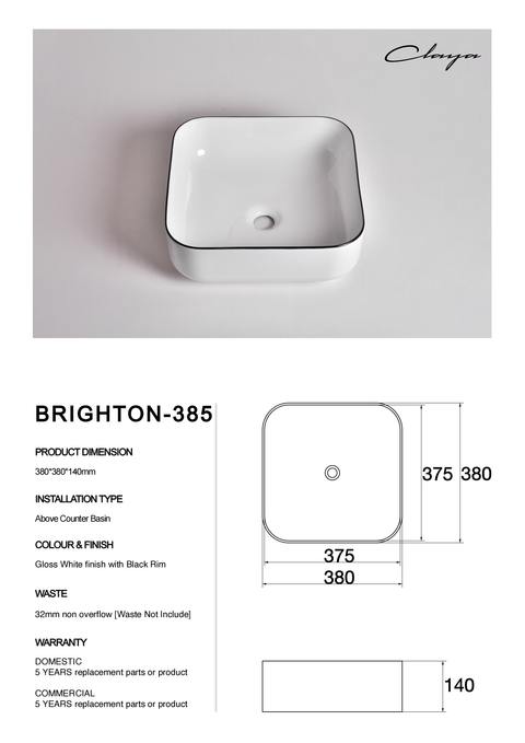 Claya - Brighton-385 Square Basin, Gloss White