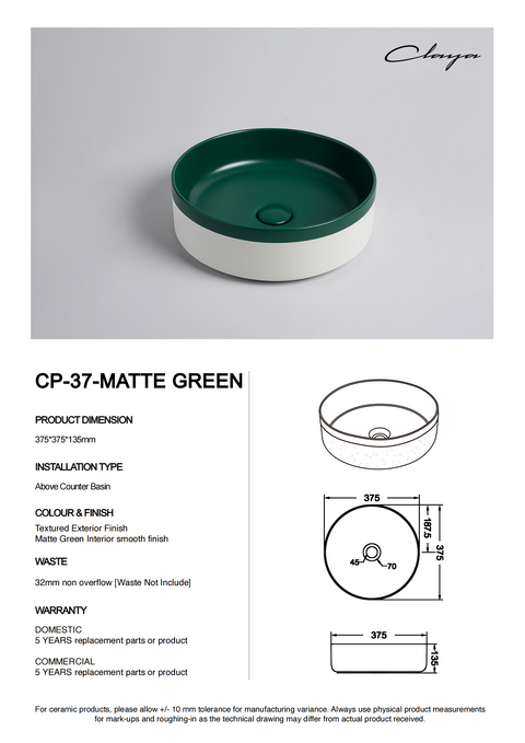 Claya - Colour Plus 37 Matte Green Two-Tone Round Basin