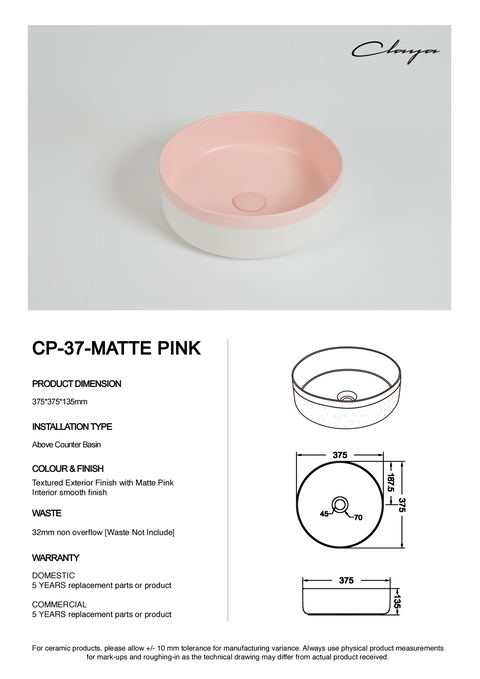 Claya - Colour Plus-37 Round Basin, Matte Pink / Matte White