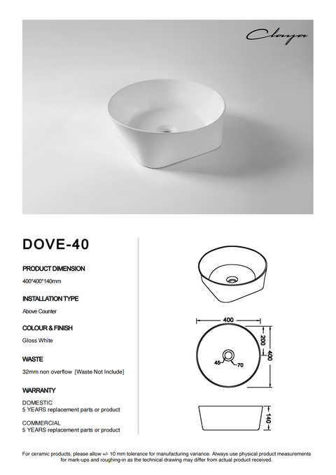 Claya - Dove 40 Compact Oval Basin, Gloss White, 400mm