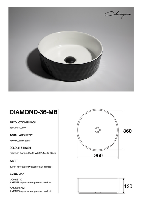 Claya - Diamond-36-MB Round Basin, Matte Black