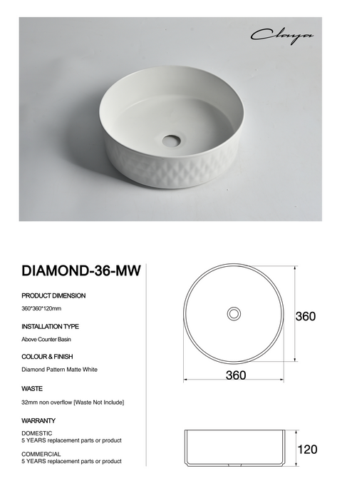 Claya - Diamond-36-MW Round Basin, Matte White
