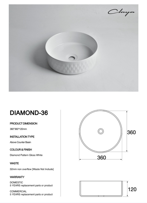 Claya - Diamond-36 Round Basin, Gloss White