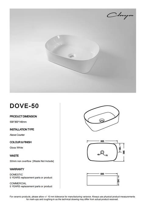 Claya - Dove 50 Sculpted Rectangle Basin, Gloss White, 500mm