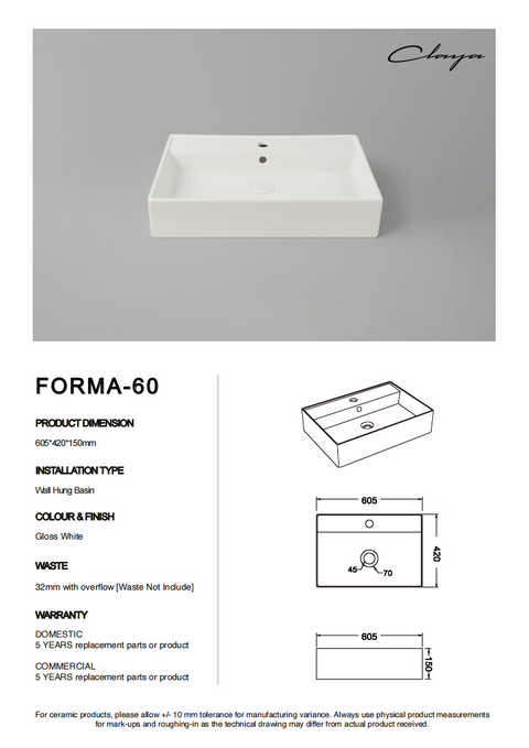 Claya - Forma 60 Wall-Hung Rectangular Basin with Overflow, 605mm