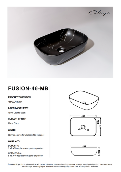 Claya - Fusion 46 Matte Black Carrara Rectangular Basin