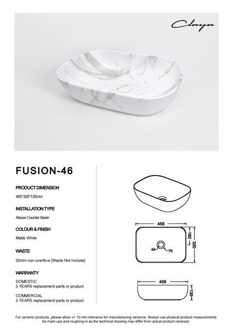 Claya - Fusion 46 Oval Basin, Matte White Carrara Above-Counter Ceramic