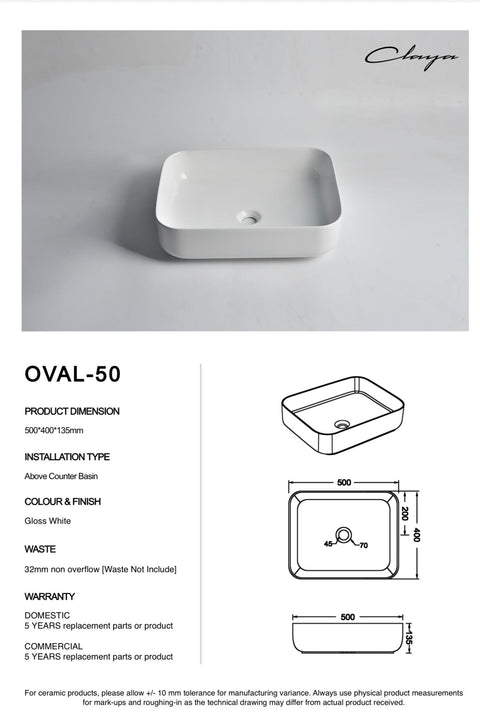 Claya - OVAL-50 Oval Basin, Gloss White