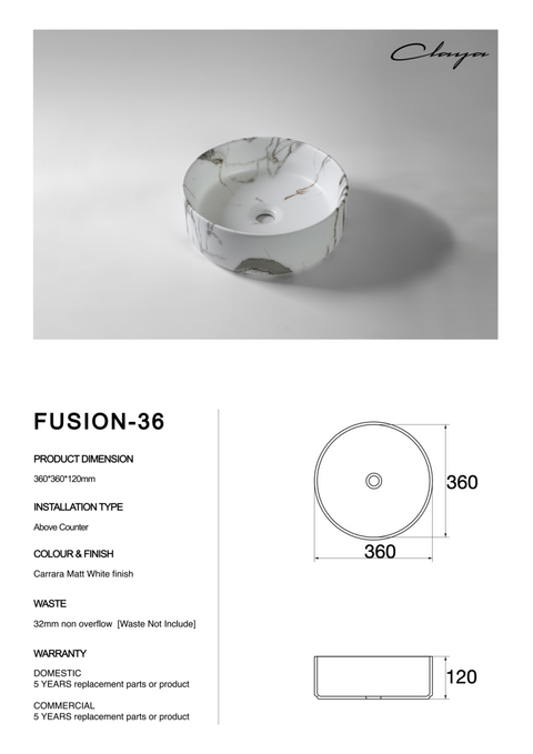 Claya - Fusion 36 Matte Carrara Round Basin, 360mm