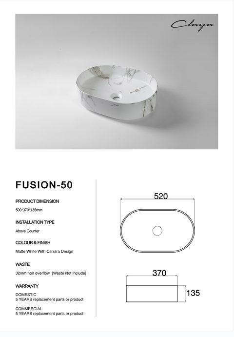 Claya - Fusion 50 Matte White Carrara Pill-Shaped Basin