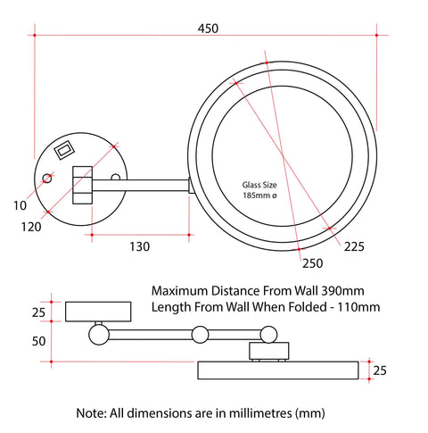 5x Magnification Chrome Wall Mounted Shaving Mirror, 250mm Diameter with Concealed Wiring