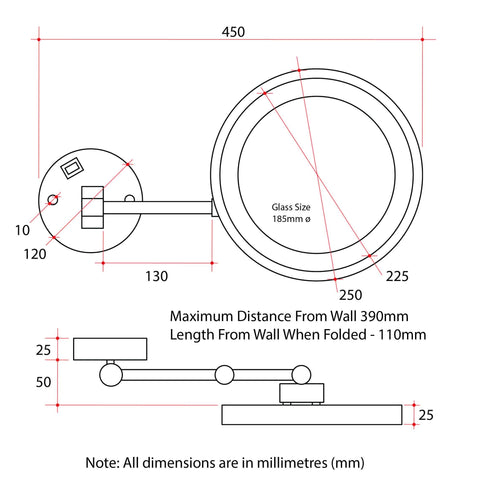 5x Magnification Chrome Wall Mounted Shaving Mirror, 250mm Diameter with Exposed Wiring