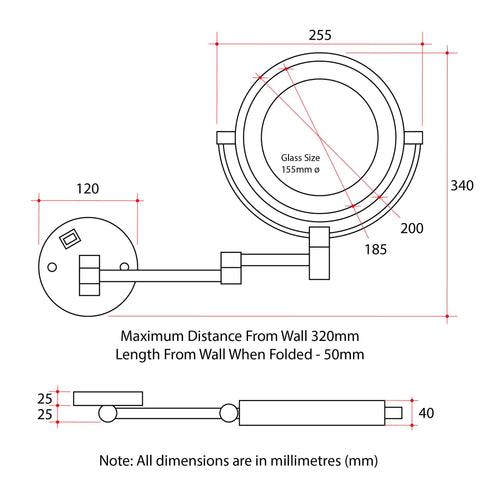 1 & 8x Magnification Chrome Wall Mounted Shaving Mirror, 200mm Diameter with Concealed Wiring
